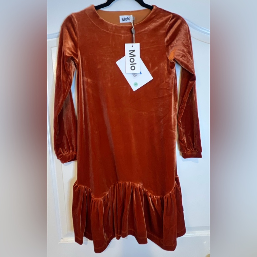 Molo Christen Dress Scandinavian Brand Velour Burnt Orange Girl’s Size US10 NWT